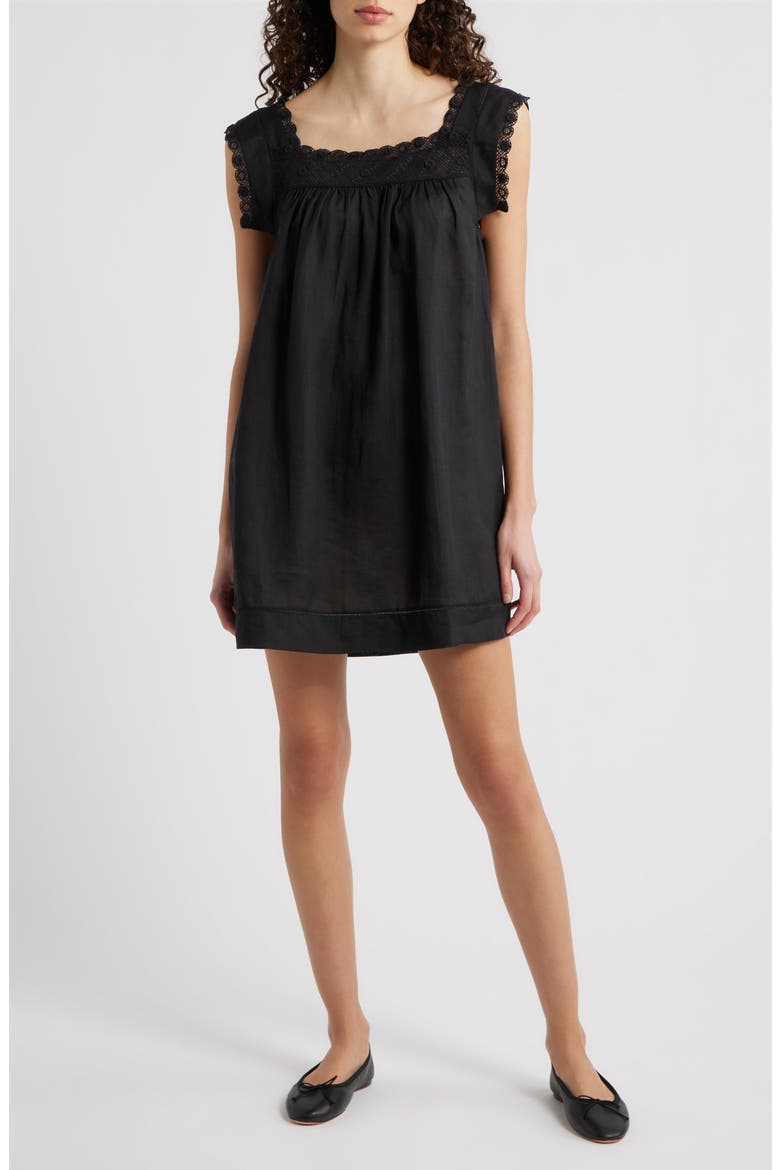 Almadia Lace Trim Ramie Shift Minidress, Main, color, BLACK