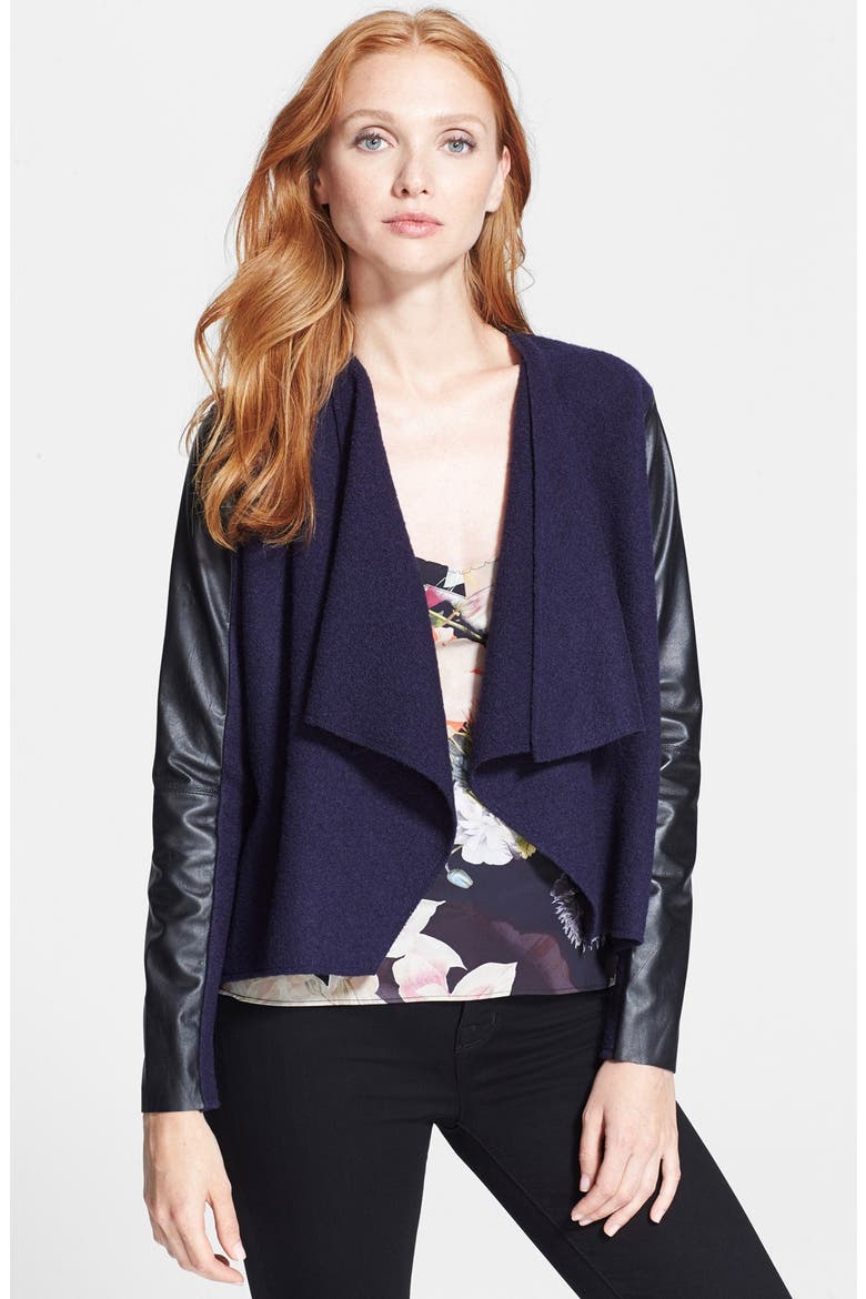 'Gaeton' Leather Trim Wrap Sweater, Main, color, BLUE
