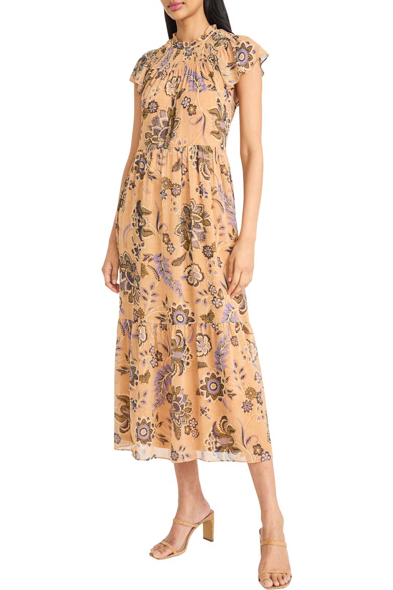 Floral Cap Sleeve Fit & Flare Midi Dress, Alternate, color, GOLD/ BLUE
