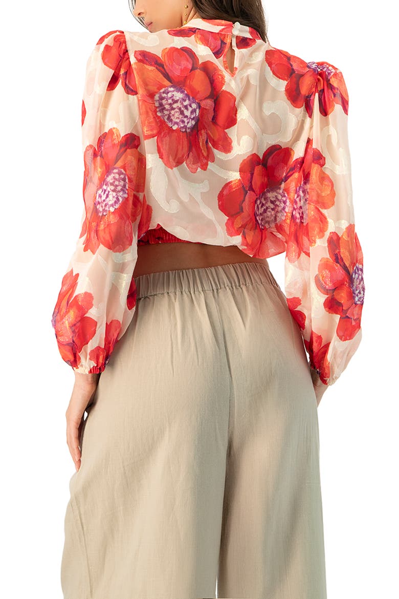 Shimmering Printed Blouse with Pleated Round Neck, Alternate, color, Ivory