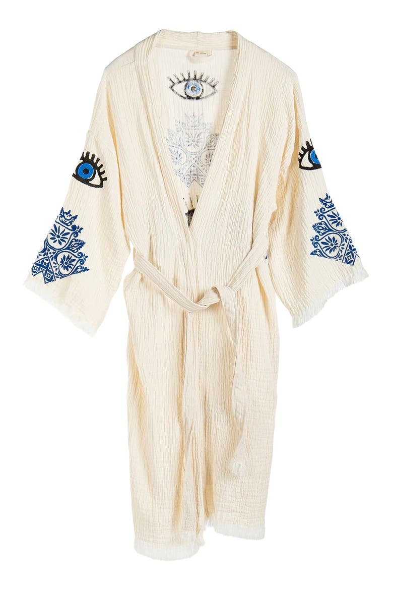 Iris - Mandala Evil Eye Handmade Cotton Robe Cover-Up, Main, color, Off-White
