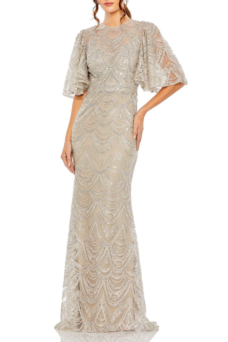 Flutter Sleeve High Neck Gown, Main, color, Taupe