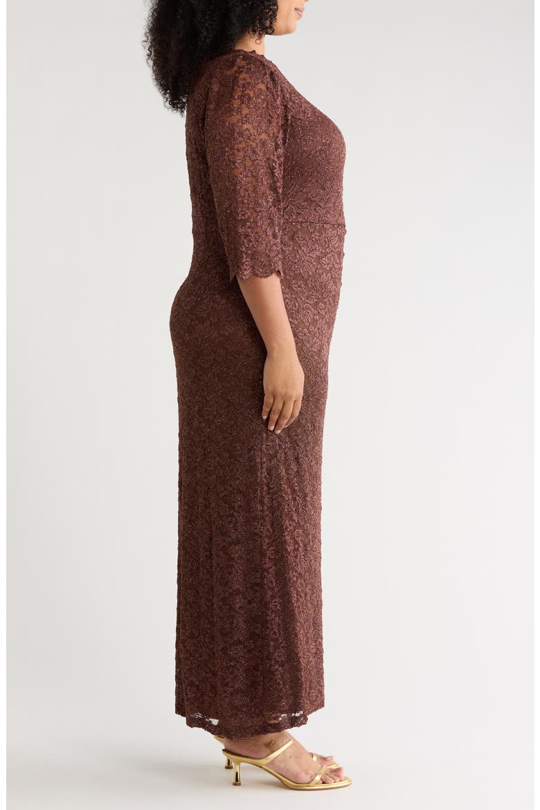 Side Tuck Lace Sheath Gown, Alternate, color, CHOCOLATE