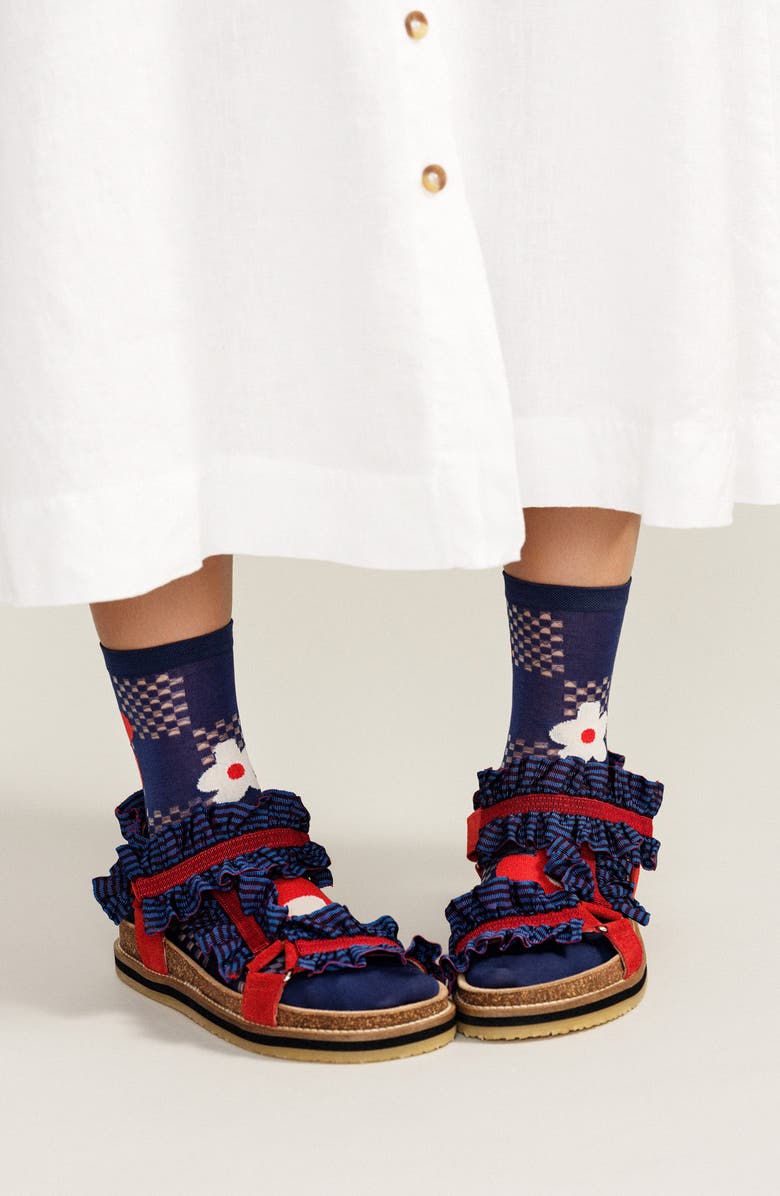 Hansel From Basel Jillian Floral Cotton Blend Crew Socks, Alternate, color, Cobalt Blue