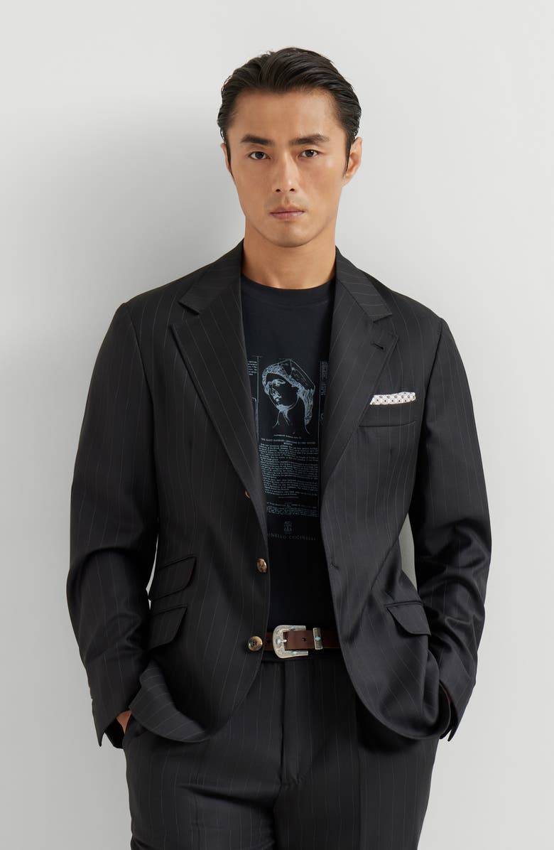 Brunello Cucinelli Chalk stripe unconstructed Cavallo blazer, Alternate, color, Black