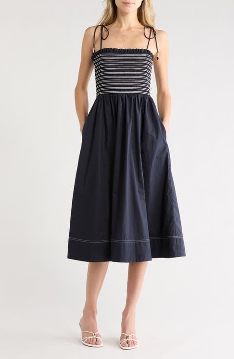 Kaela Smocked Tie Strap Midi Dress