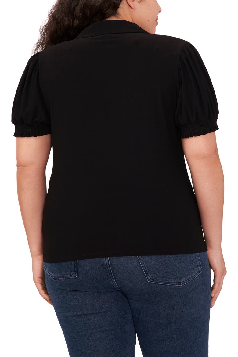 Puff Sleeve Spread Collar Crepe Knit Top, Alternate, color, RICH BLACK