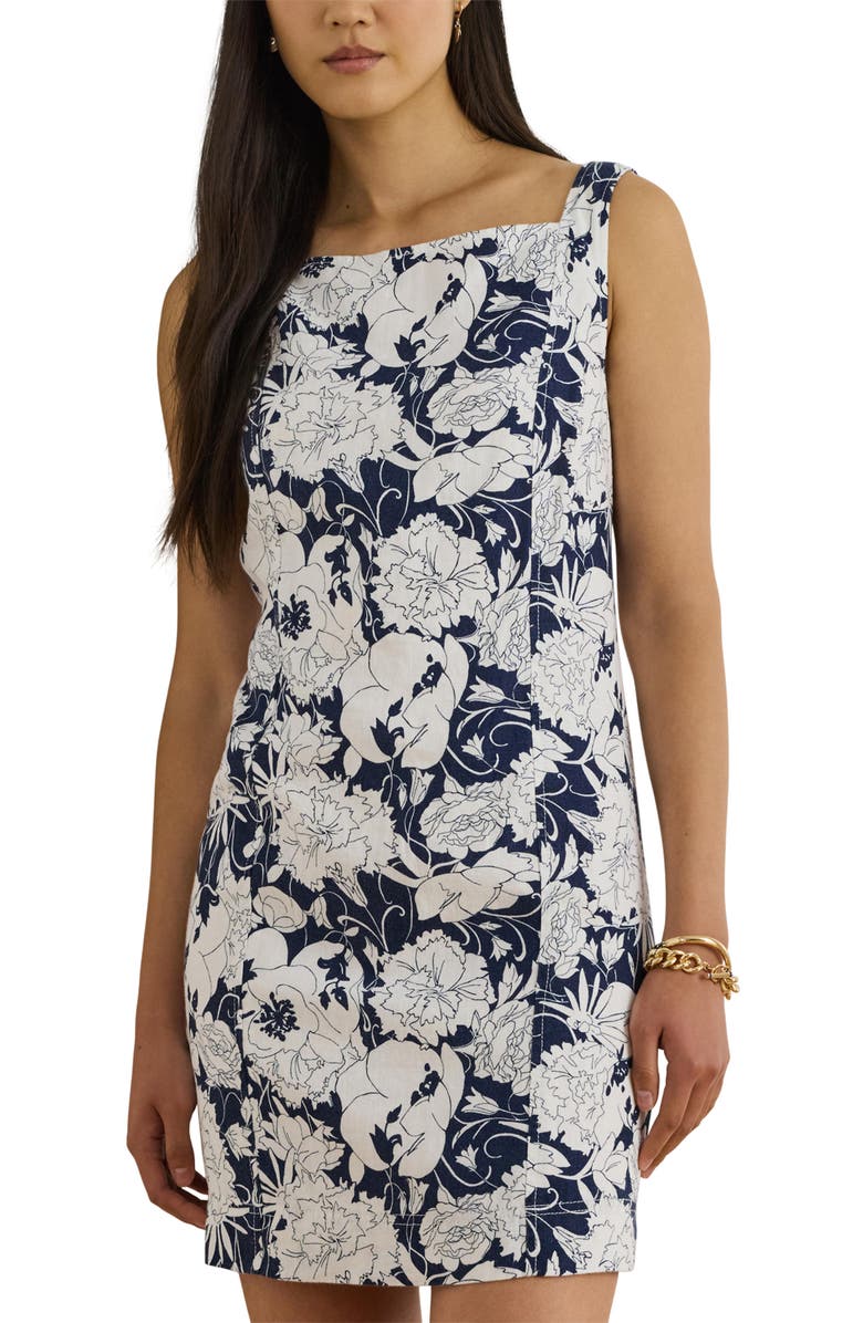 Lauren Ralph Lauren Richette Floral Linen Minidress, Alternate, color, White / Navy Blue