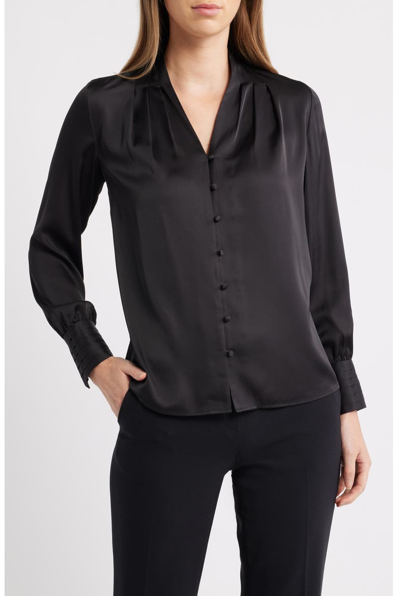 Pleat Front V-Neck Button-Up Shirt, Main, color, ASPHALT