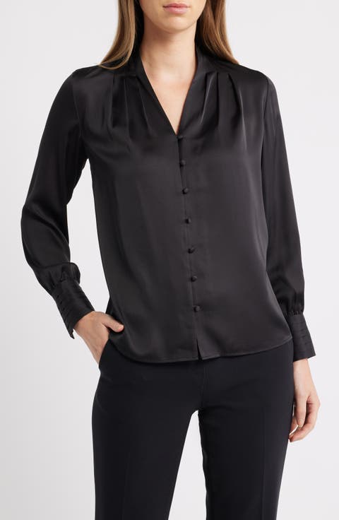 Pleat Front V-Neck Button-Up Shirt (Regular & Petite)