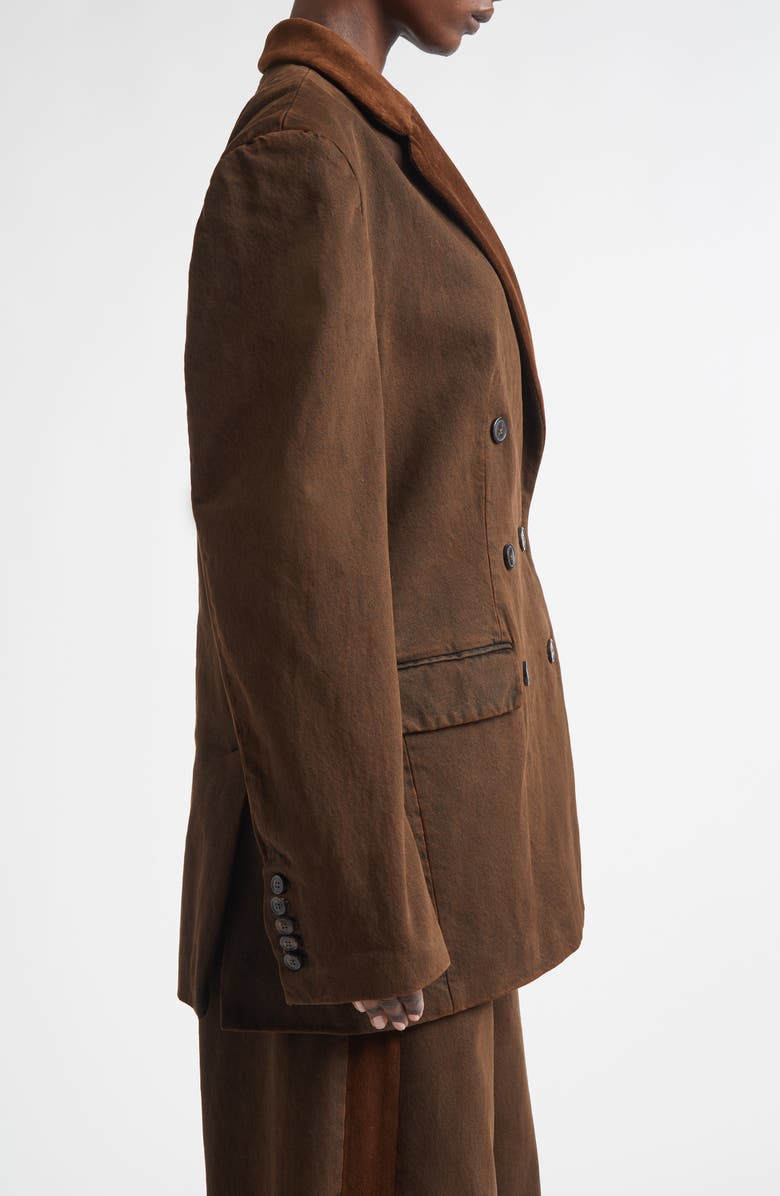 Dries Van Noten Bafya Velvet Trim Double Breasted Denim Blazer, Alternate, color, Brown