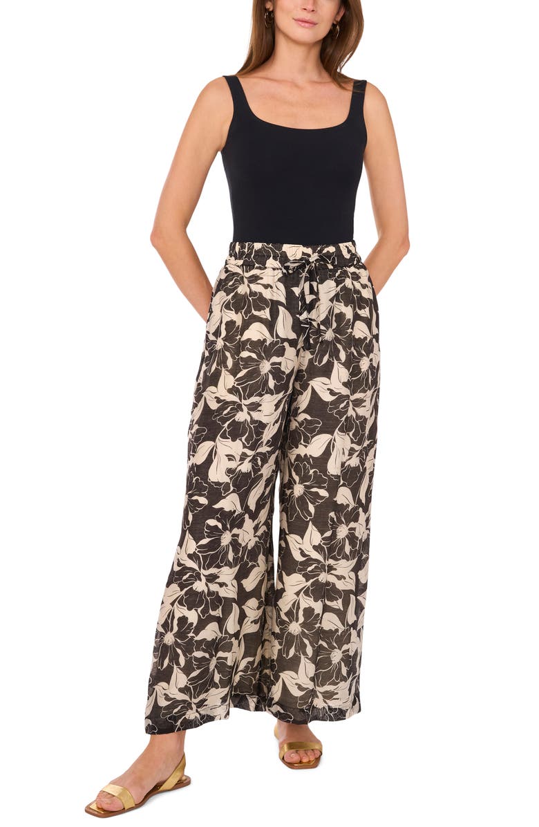 Vince Camuto Floral Wide Leg Drawstring Pants, Alternate, color, Rich Black