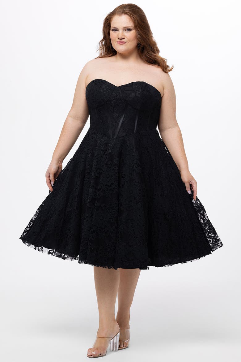 Sweetheart Strapless Lace Bustier Plus Size Party Dress, Alternate, color, Black