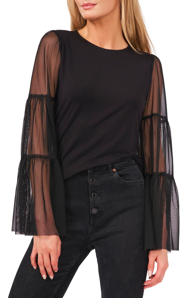 Vince Camuto Mix Media Tiered Sleeve Top, Main, color, 