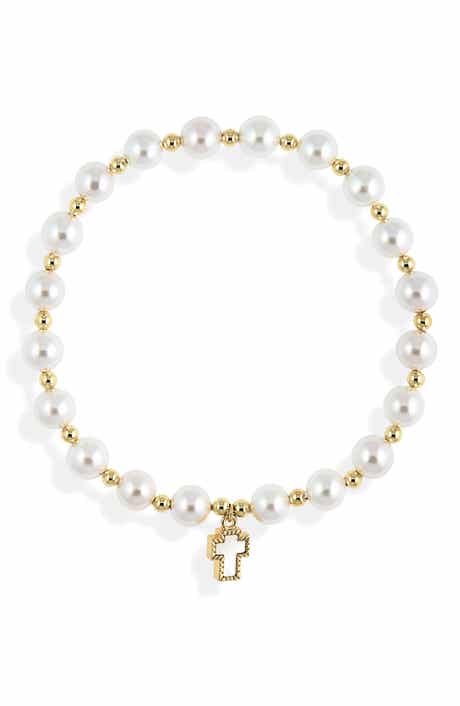 ARGENTO VIVO Freshwater Pearl Mother-of-Pearl Cross Charm Bracelet