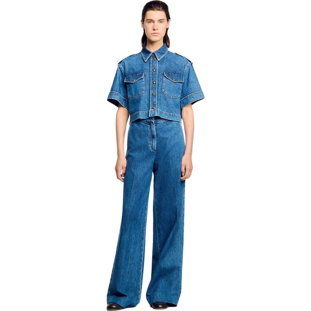 Sandro Cropped Denim Shirt In Blue