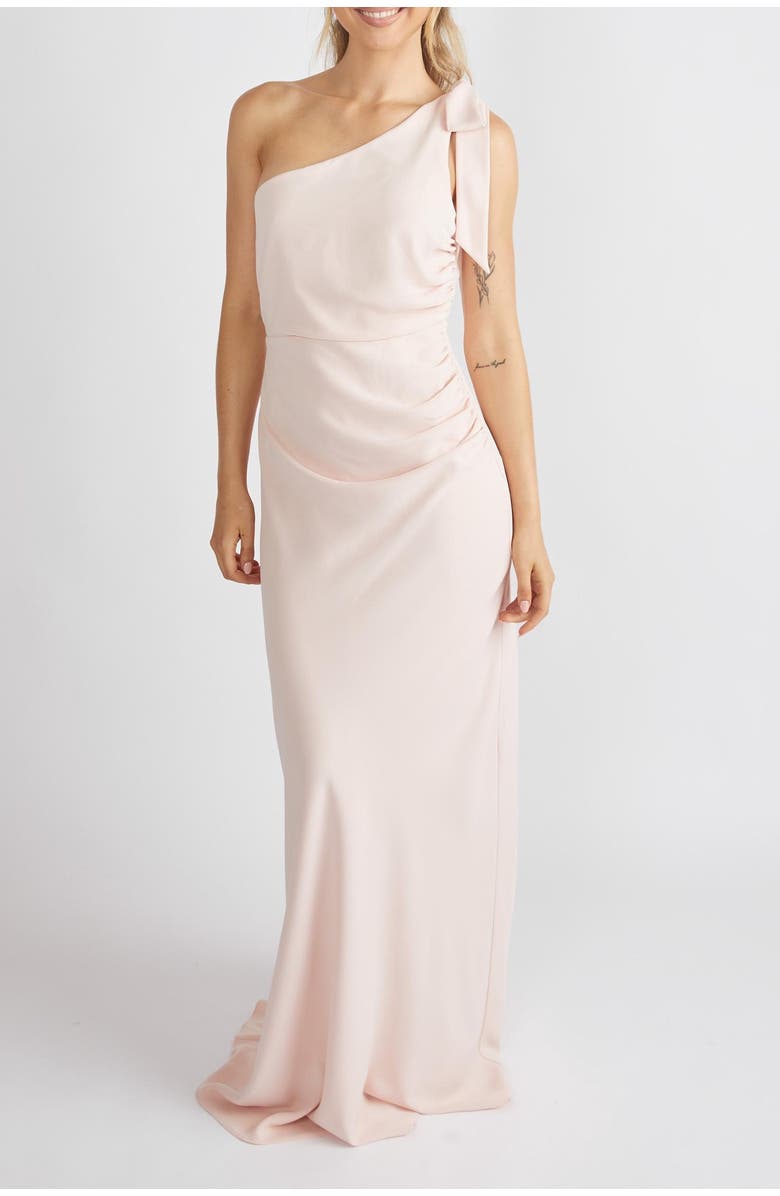 Six Stories Bow One Shoulder Crepe Bridesmaid Dress, Alternate, color, Blush