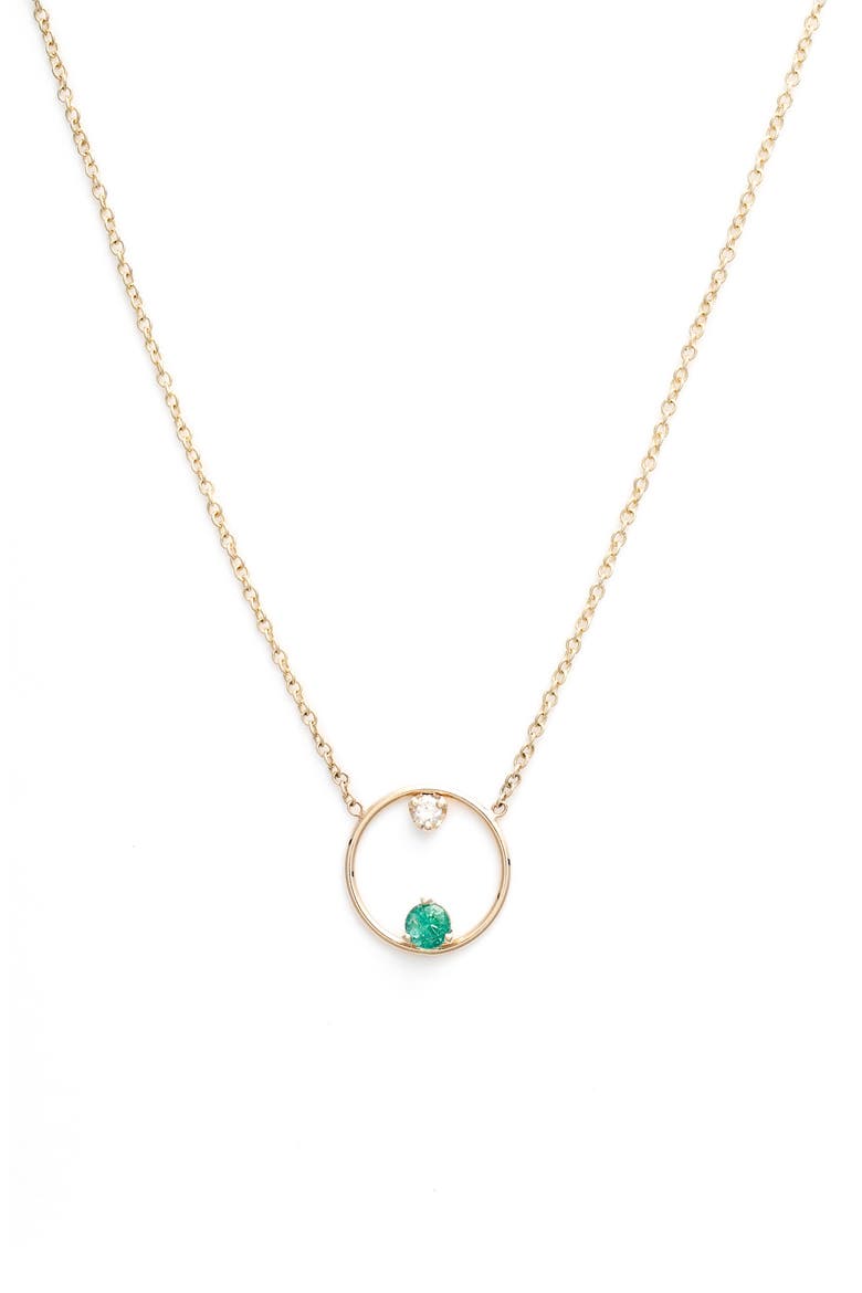 Emerald and Diamond Open Circle Necklace, Main, color, YELLOW GOLD/ EMERALD