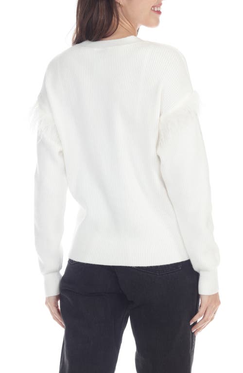 Rain And Rose Feather Trim Crewneck Sweater In White