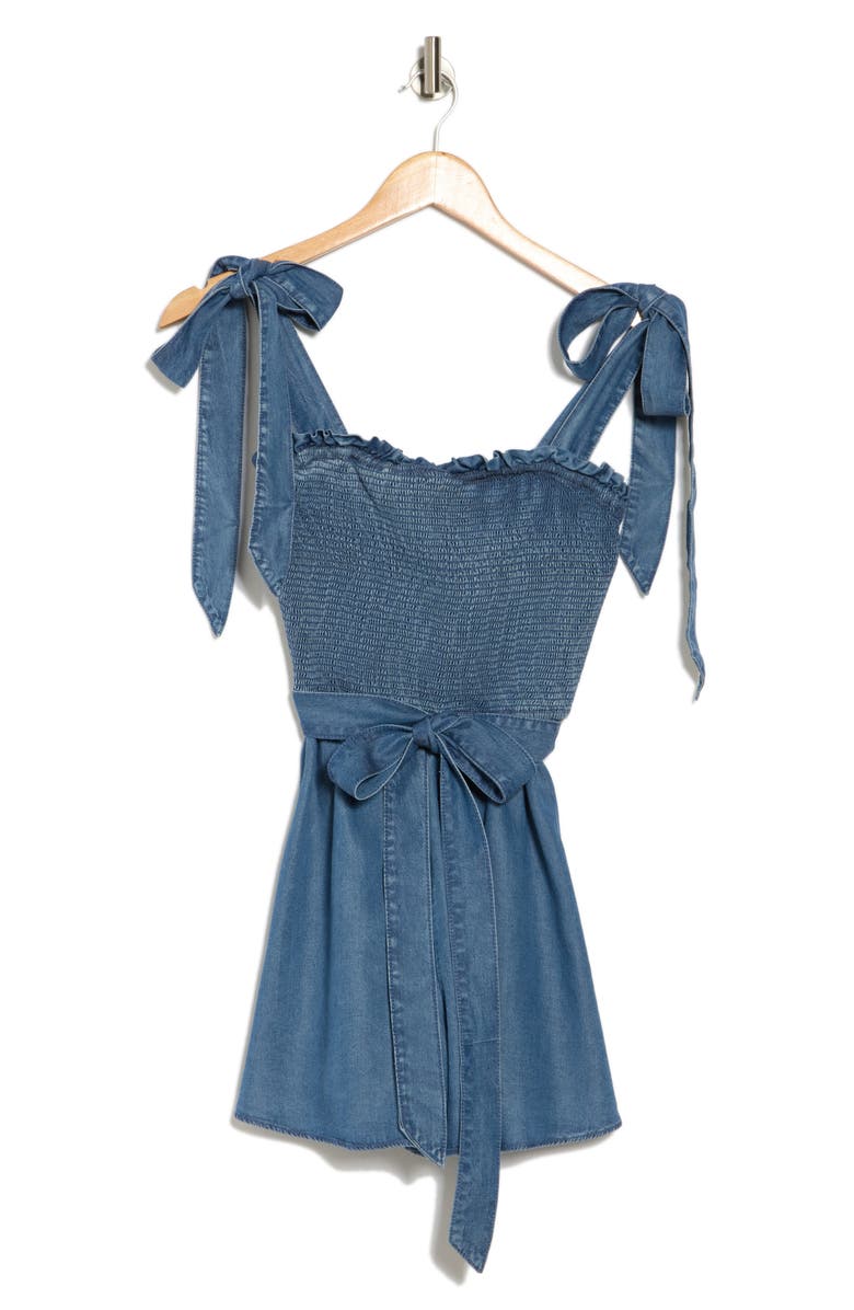 Alice + Olivia Roz Tie Strap Chambray Romper, Alternate, color, 
