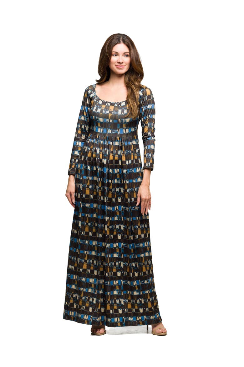 Geometric Print Long Sleeve Empire Waist Maxi Dress, Main, color, Brown Multi