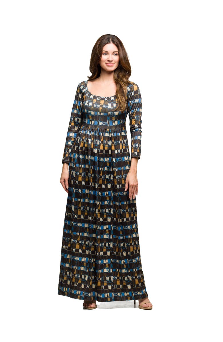 24seven Comfort Apparel Geometric Print Long Sleeve Empire Waist Maxi Dress, Main, color, Brown Multi