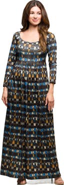 24seven Comfort Apparel Geometric Print Long Sleeve Empire Waist Maxi Dress