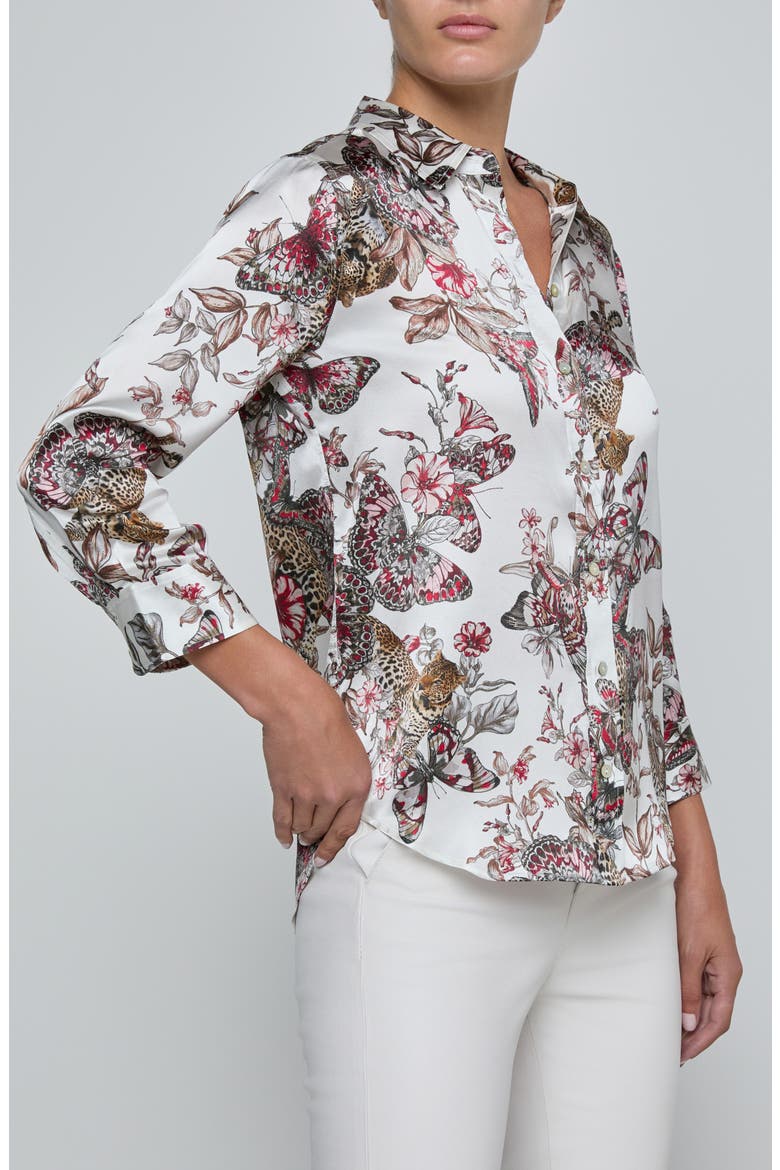 Dani Butterfly Print Three-Quarter Sleeve Silk Button-Up Shirt, Alternate, color, BUTTERFLY JUNGLE