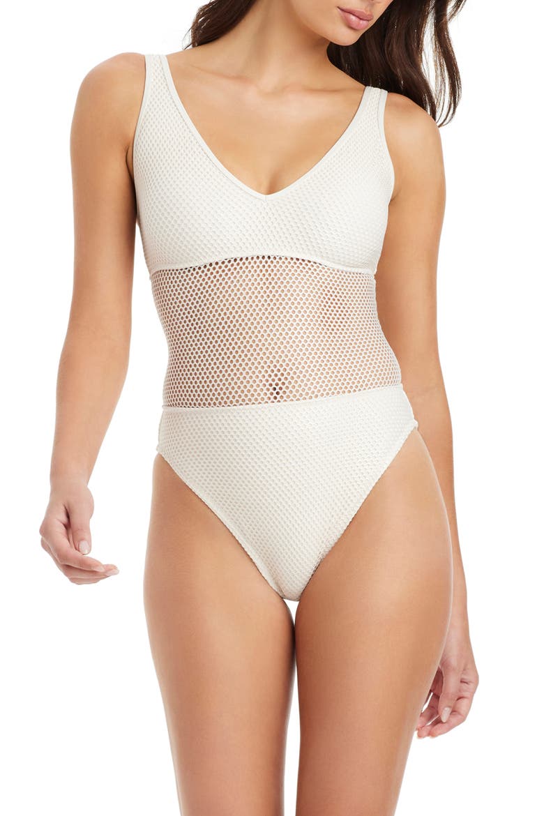 Net Metallic One-Piece Swimsuit, Alternate, color, WHITE GOLD