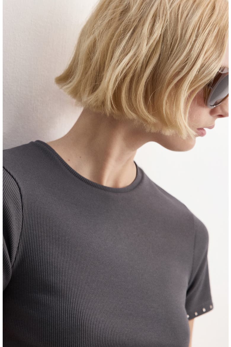 Studded Trim Stretch Cotton Blend Rib Crop T-Shirt, Alternate, color, CHARCOAL