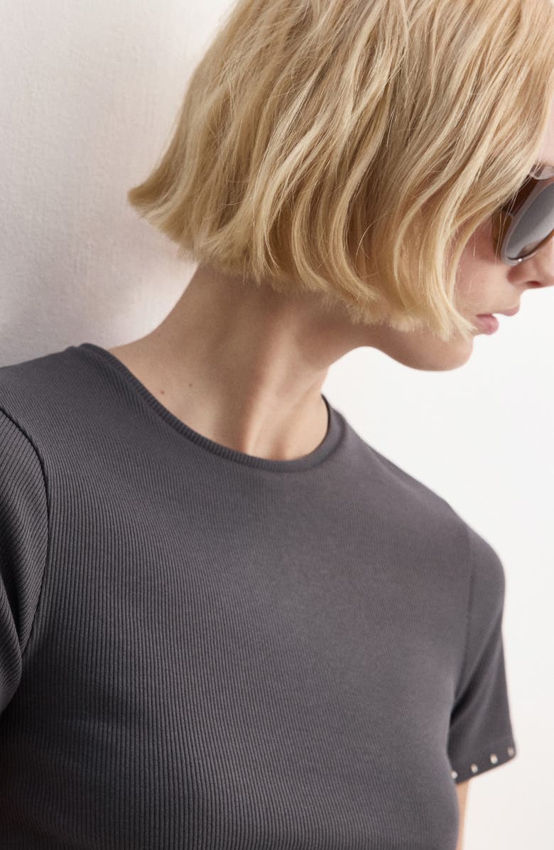 MANGO <p>Studded Trim Stretch Cotton Blend Rib Crop T-Shirt</p>, Alternate, color, Charcoal