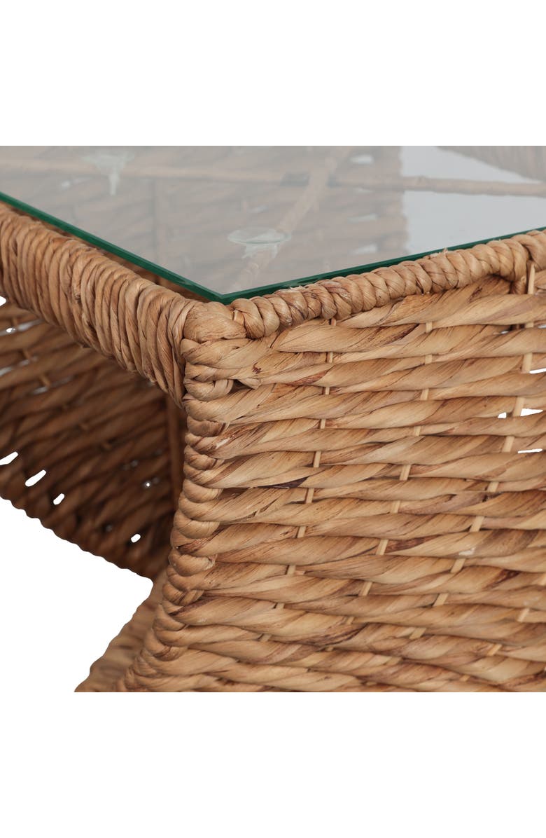 JONATHAN Y Suraya 14" Coastal Bohemian Handwoven Water Hyacinth Sculptural Twisted End Table with Glass Top and Storage Shelf, Alternate, color, Natural