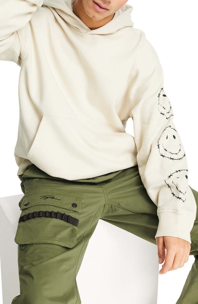 Topman Smile Oversize Cotton Graphic Hoodie, Main, color, Stone