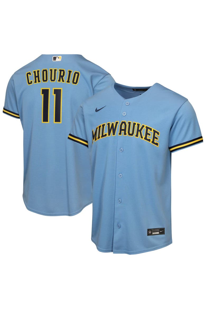 Youth Nike Jackson Chourio Light Blue Milwaukee Brewers Road Replica Jersey, Main, color, Light Blue