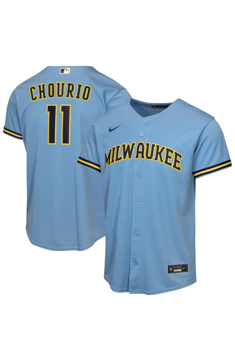 Nike Youth Nike Jackson Chourio Light Blue Milwaukee Brewers Road Replica Jersey, Main, color, Light Blue