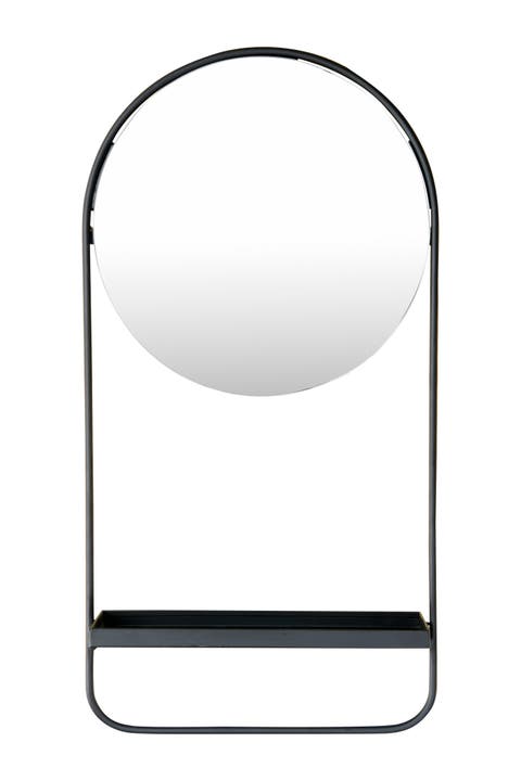 Round Floating Metal Framed Wall Mirror with Shelf, Black