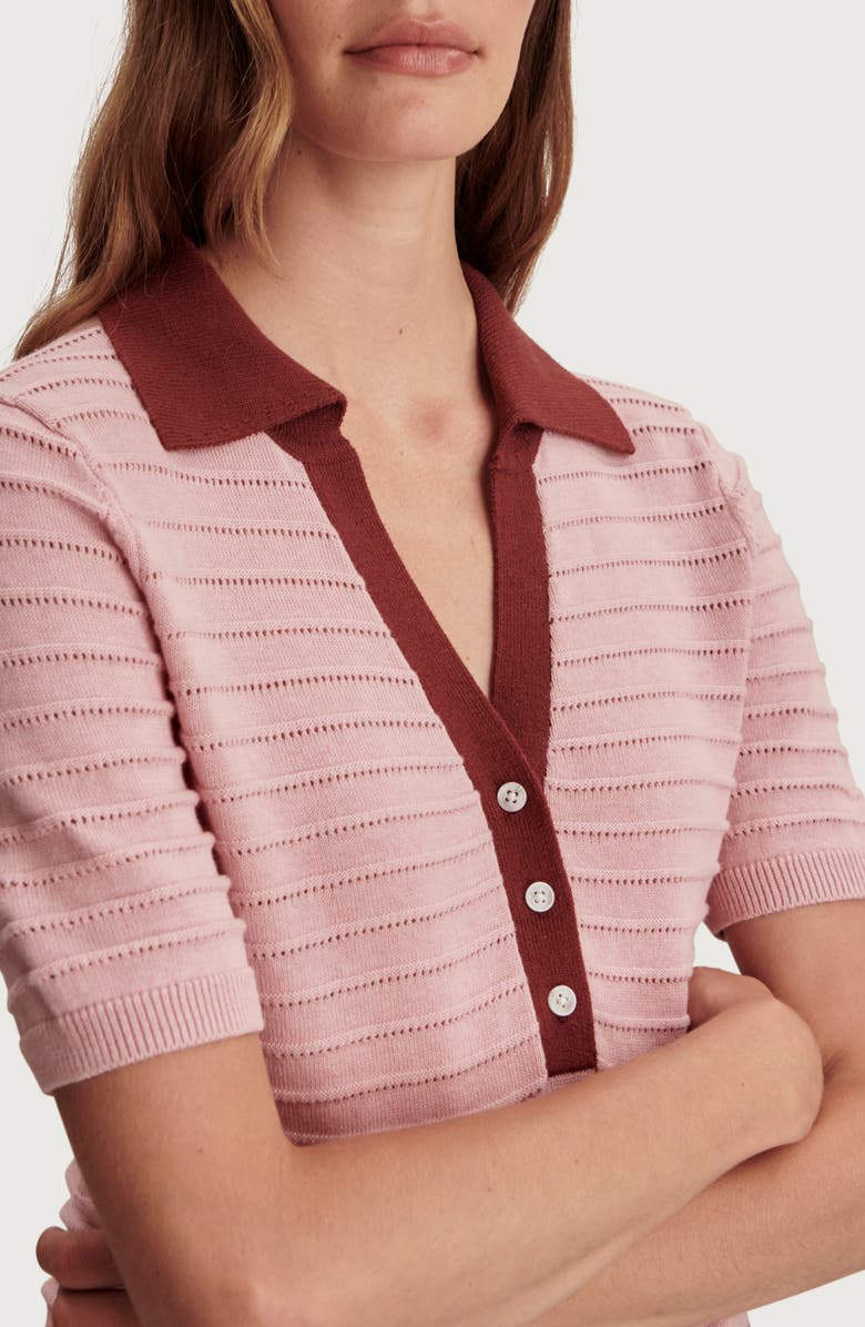 Varley Wren Stripe Cotton Blend Pointelle Polo Sweater, Alternate, color, Zephyr Mauve / Port