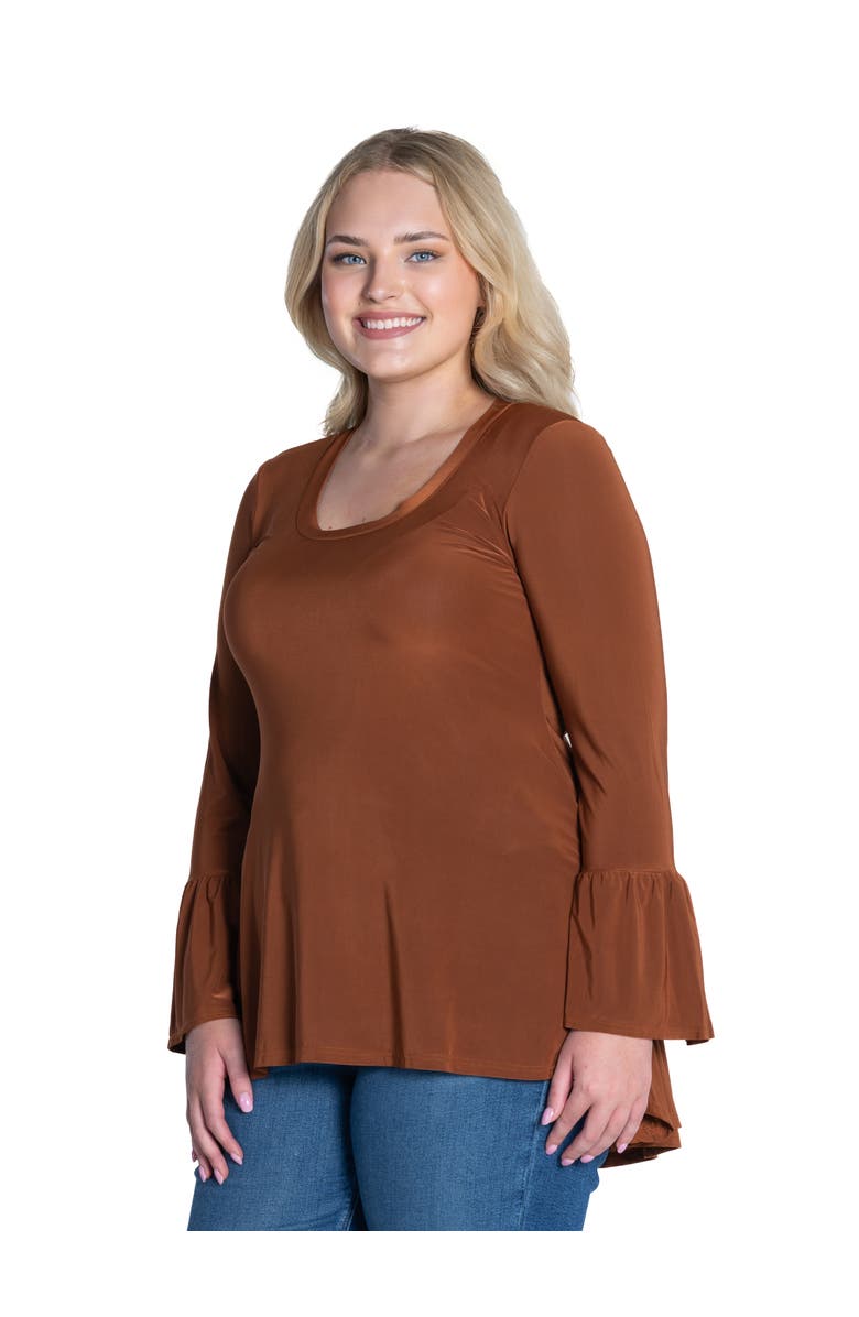 24seven Comfort Apparel Plus Size Long Bell Sleeve High Low  Tunic Top, Alternate, color, Tobacco