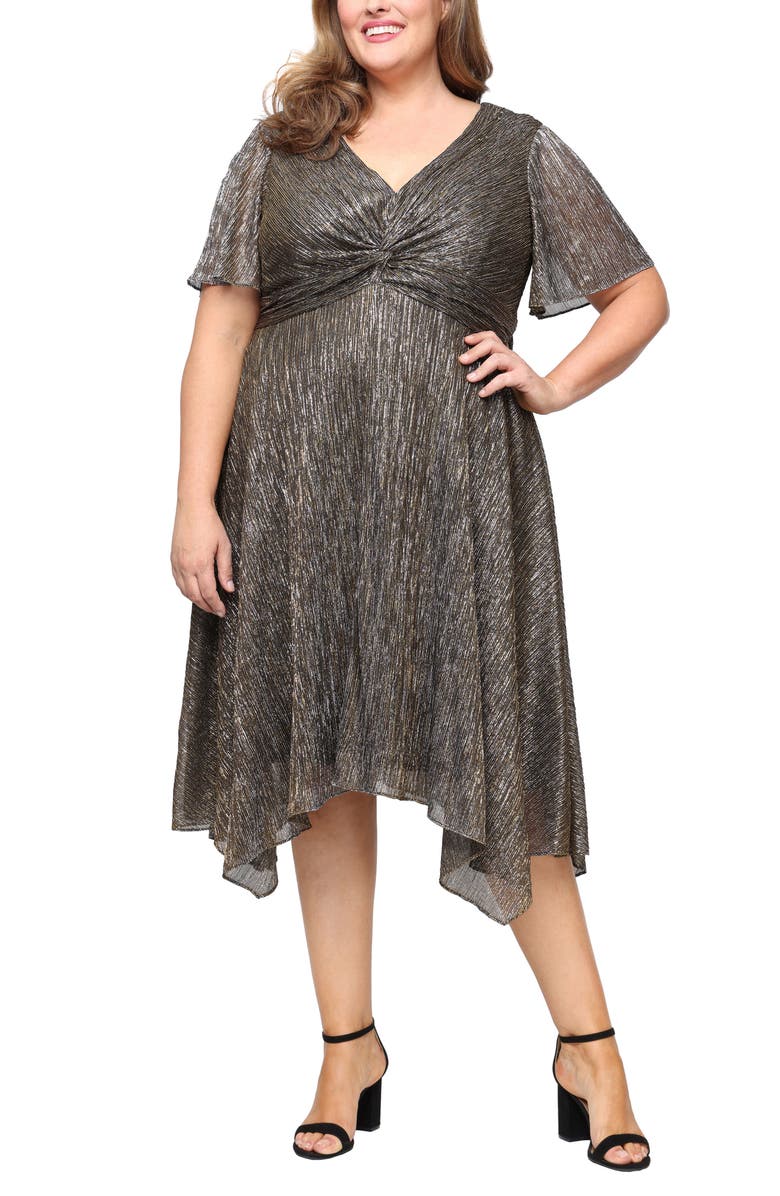 SL FASHIONS Knot Front Metallic Midi Cocktail Dress, Main, color, Black Gold