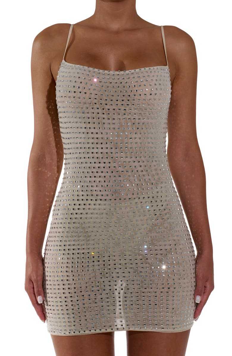 Naked Wardrobe Crystal Bodycon Mesh Minidress, Alternate, color, Bone