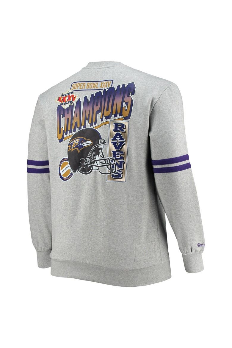Men's Mitchell & Ness Heathered Gray Baltimore Ravens Big & Tall Allover Print Pullover Sweatshirt, Alternate, color, Heather Gray