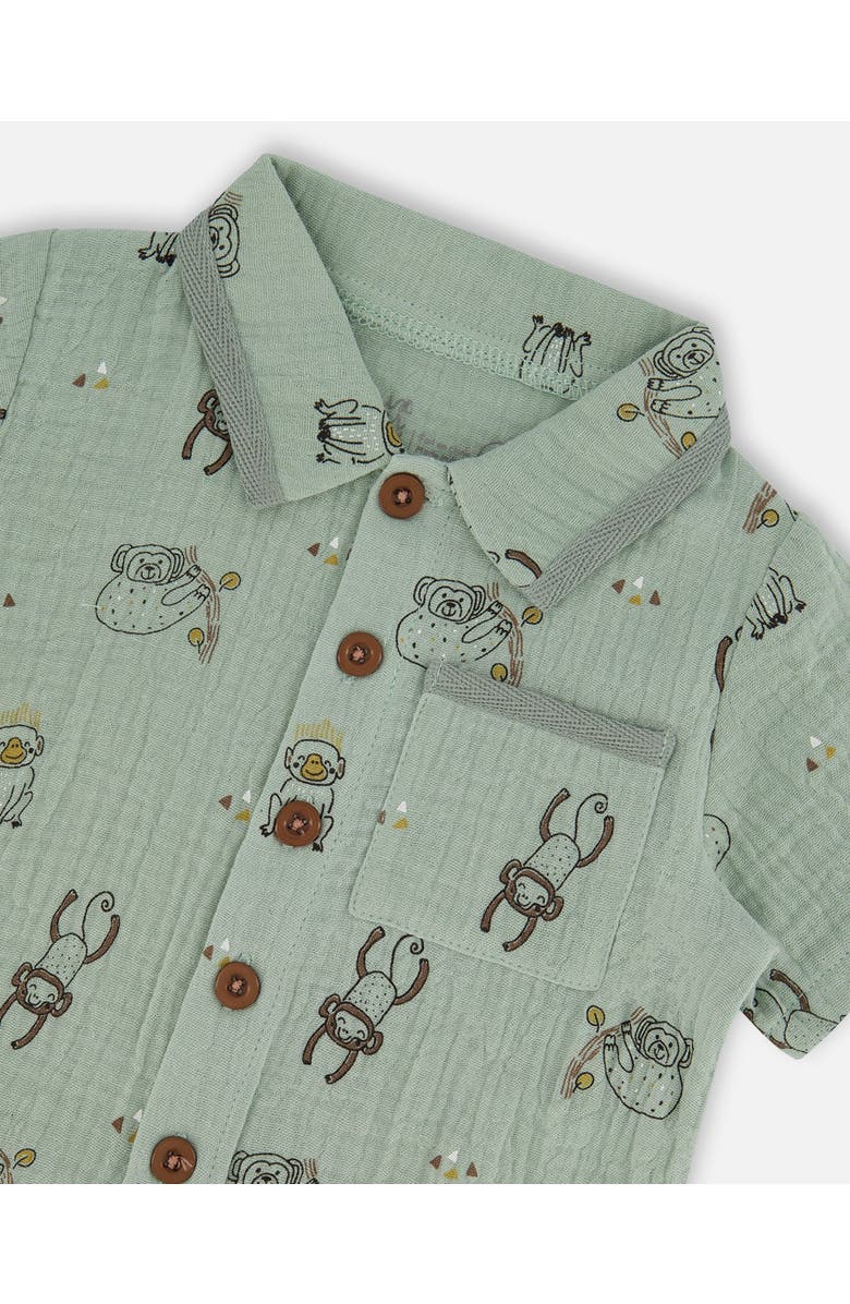 Deux par Deux Baby Boy's Printed Muslin Shirt And Short Set Sage Monkey, Alternate, color, 