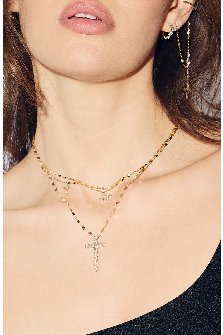 14K Gold Triple Diamond Cross Charm Necklace, Alternate, color, YELLOW GOLD