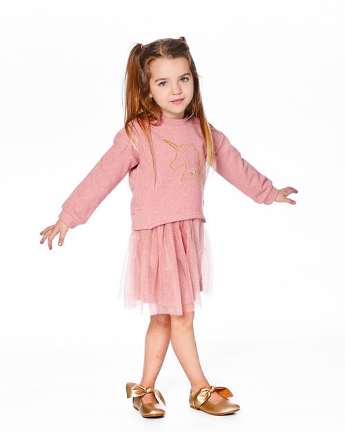 Deux Par Deux Bi-material Dress With Mesh Skirt And Unicorn In Pink