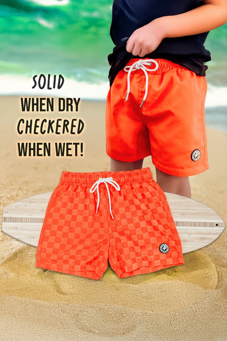 Neon Color Change Checker Swim Trunks, Alternate, color, Neon Orange