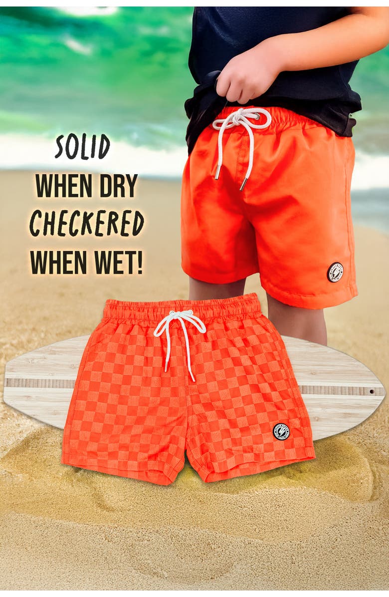 Fletch Neon Color Change Checker Swim Trunks, Alternate, color, Neon Orange