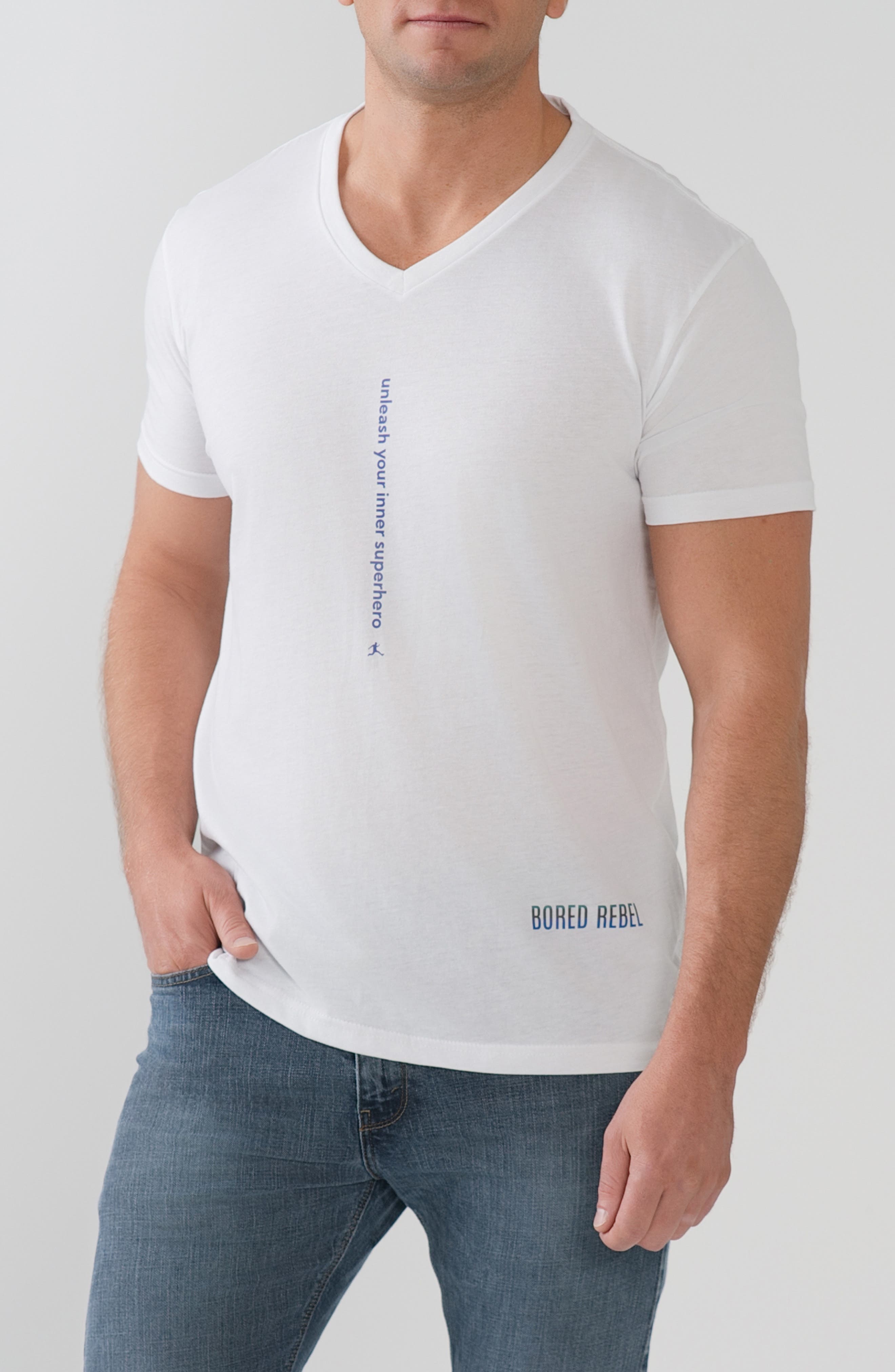 BORED REBEL Unleash Your Inner Superhero V-Neck Graphic Undershirt in White 