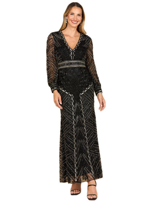 Lara New York V-neck Beaded Long Sleeve Dress In Black