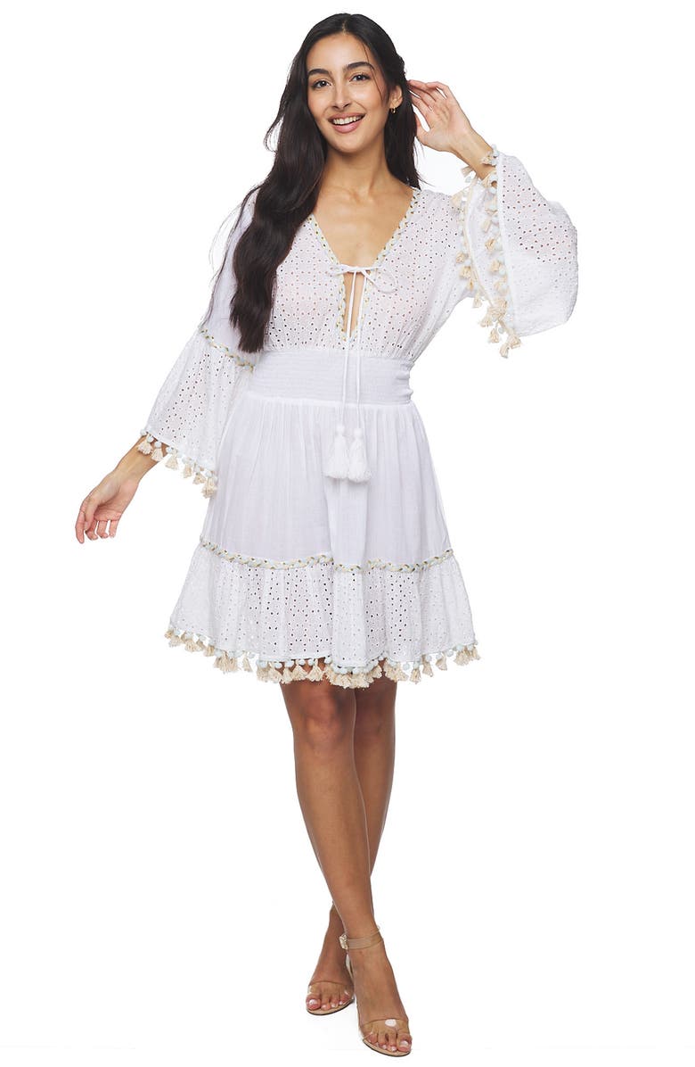 RANEES Tassel Trim Eyelet Dress, Alternate, color, White