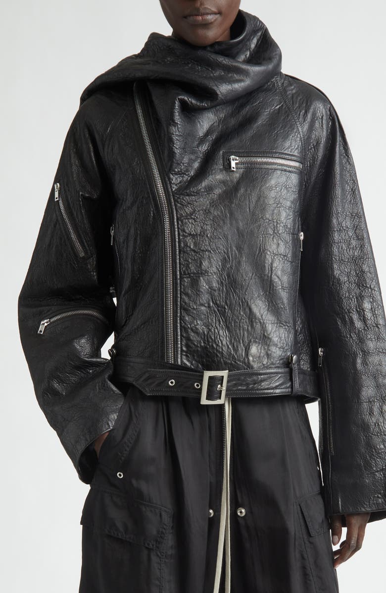 Rick Owens Crop Leather Zip Jacket, Alternate, color, Black